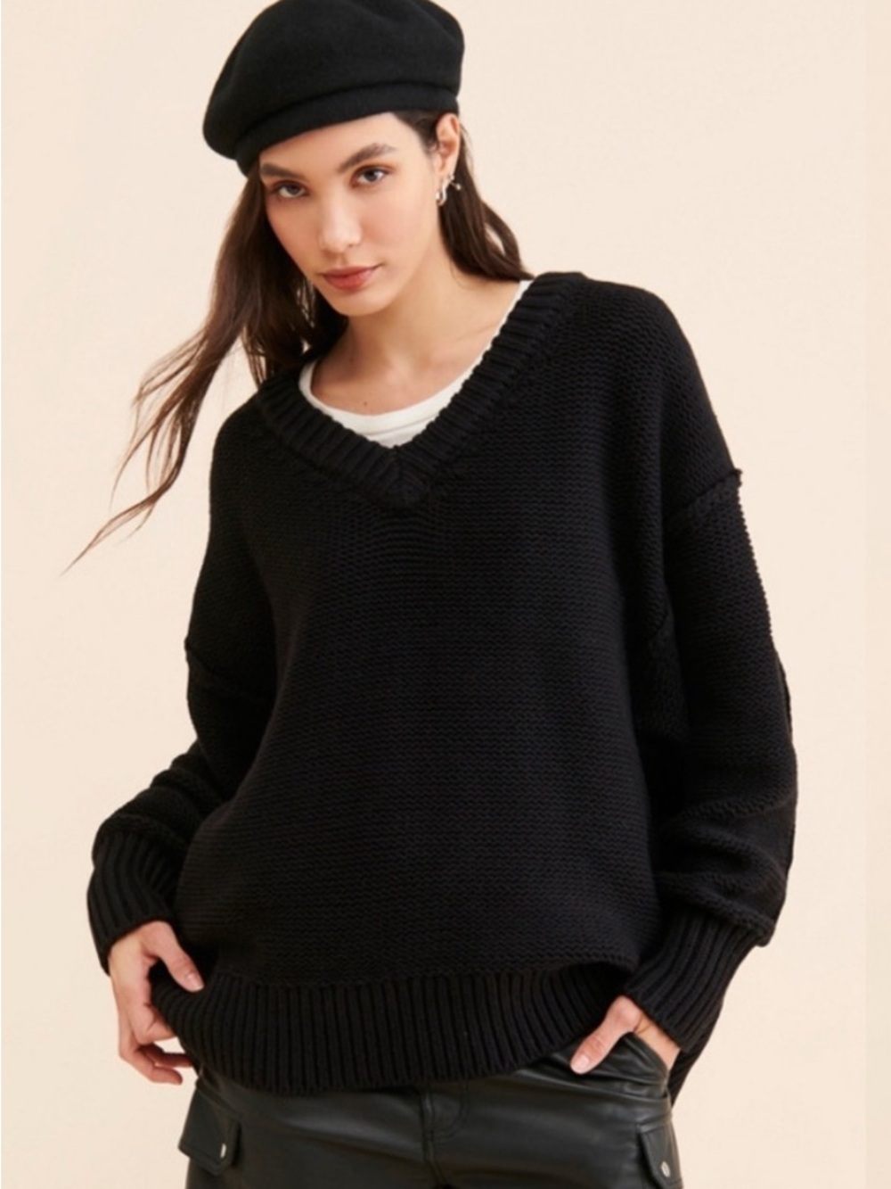 Free People Alli Black V-Neck Chunky Thick Oversized Knit Sweater Size S